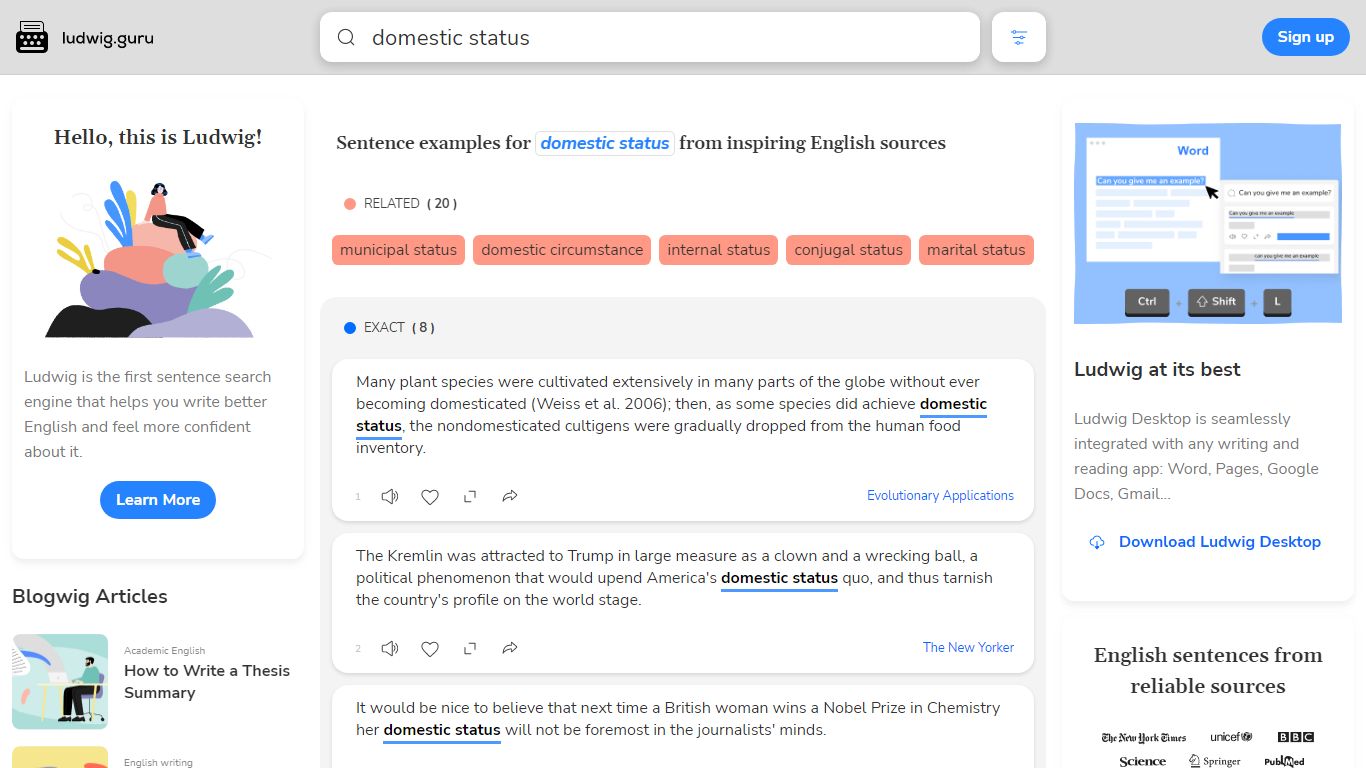 domestic status | English examples in context | Ludwig